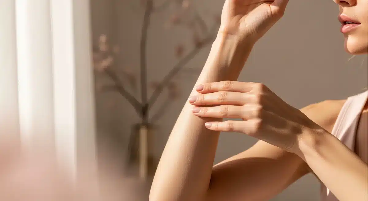 Mains élégantes touchant une peau lisse sur avant-bras, concept fermoter raffermissement cutané