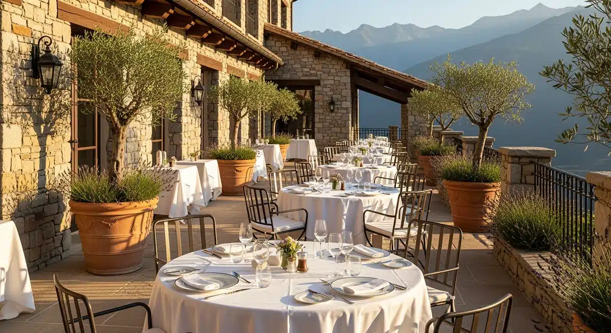 Terrasse restaurant Les Olivades Gap avec vue panoramique sur les Alpes, tables dressées et décoration méditerranéenne