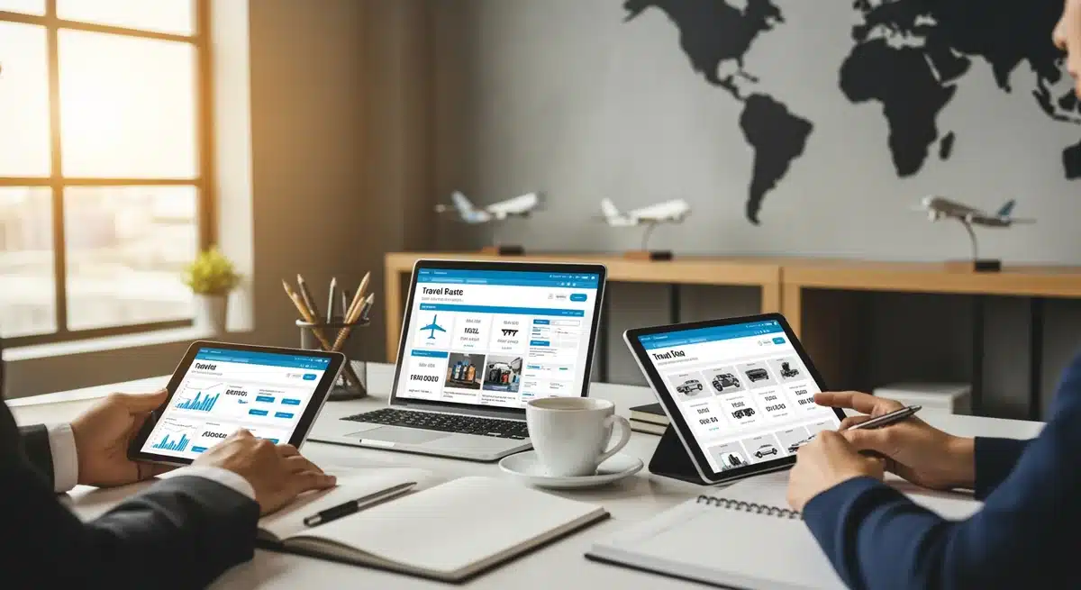 Réunion d'affaires professionnelle avec interfaces de réservation MisterFly Pro sur écrans et ordinateurs portables