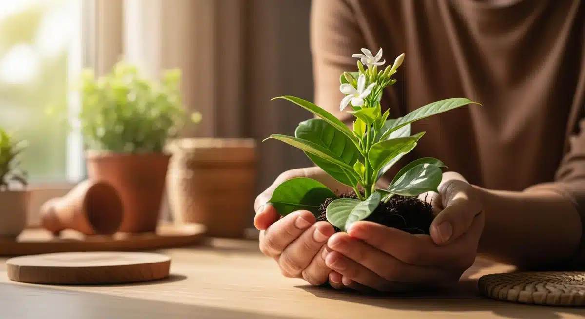 Mains tenant une plante verte avec fleurs blanches symbolisant the green blossom et mode de vie écoresponsable