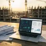 Chantier de construction moderne avec ordinateur portable affichant données BTP pour veille bati-actu.fr