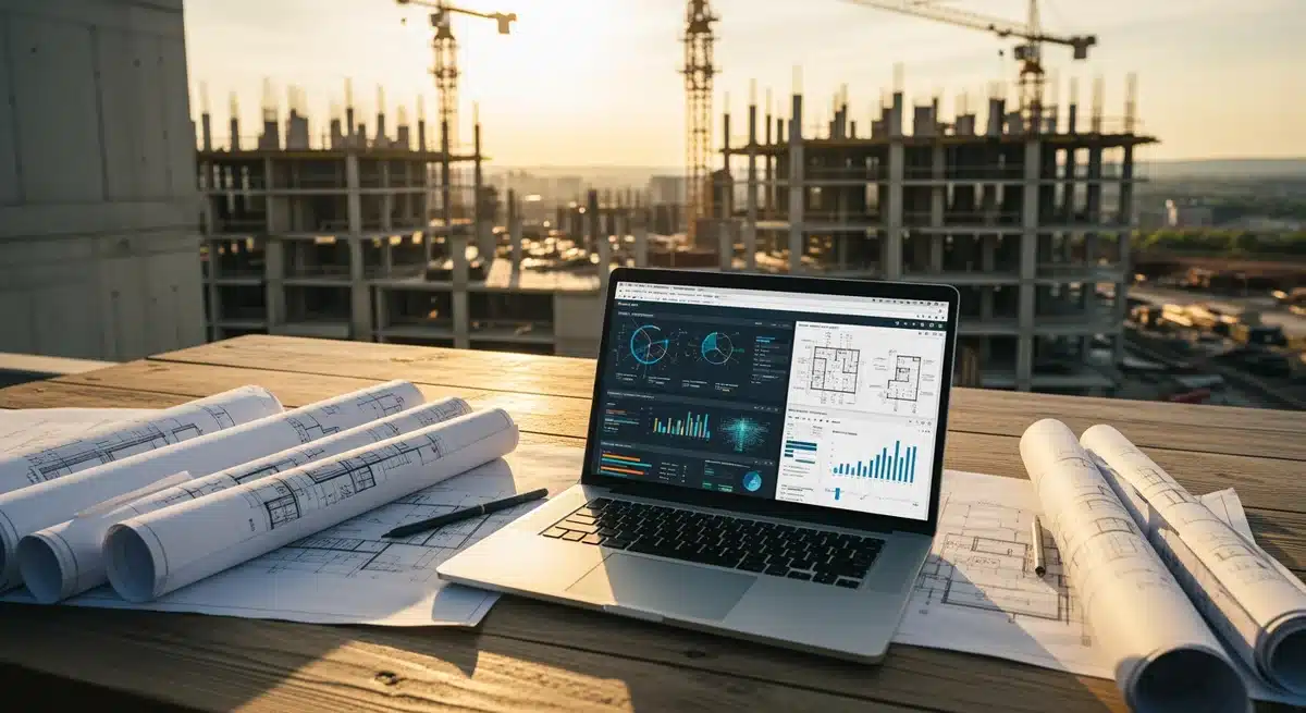 Chantier de construction moderne avec ordinateur portable affichant données BTP pour veille bati-actu.fr