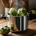 Artichauts frais dans une cocotte minute moderne avec vapeur, cuisson artichaut cocotte minute étape par étape
