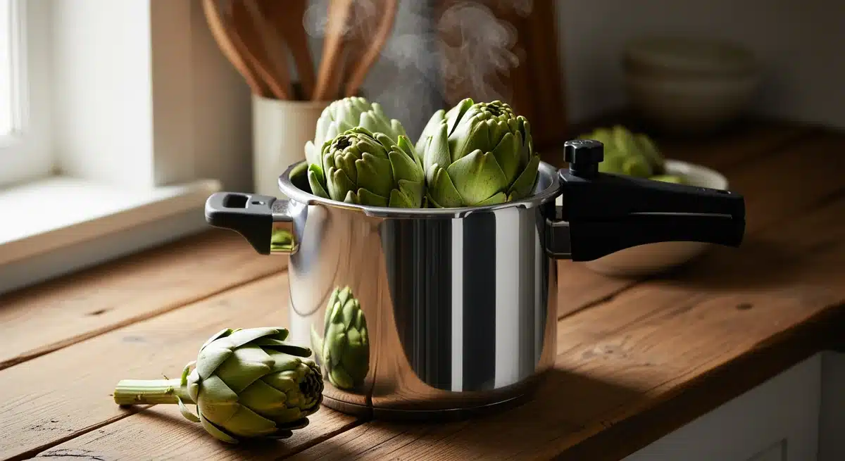 Artichauts frais dans une cocotte minute moderne avec vapeur, cuisson artichaut cocotte minute étape par étape