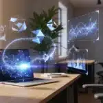 Workspace moderne avec laptop et projections holographiques illustrant Enkirama actualité 2026 IA