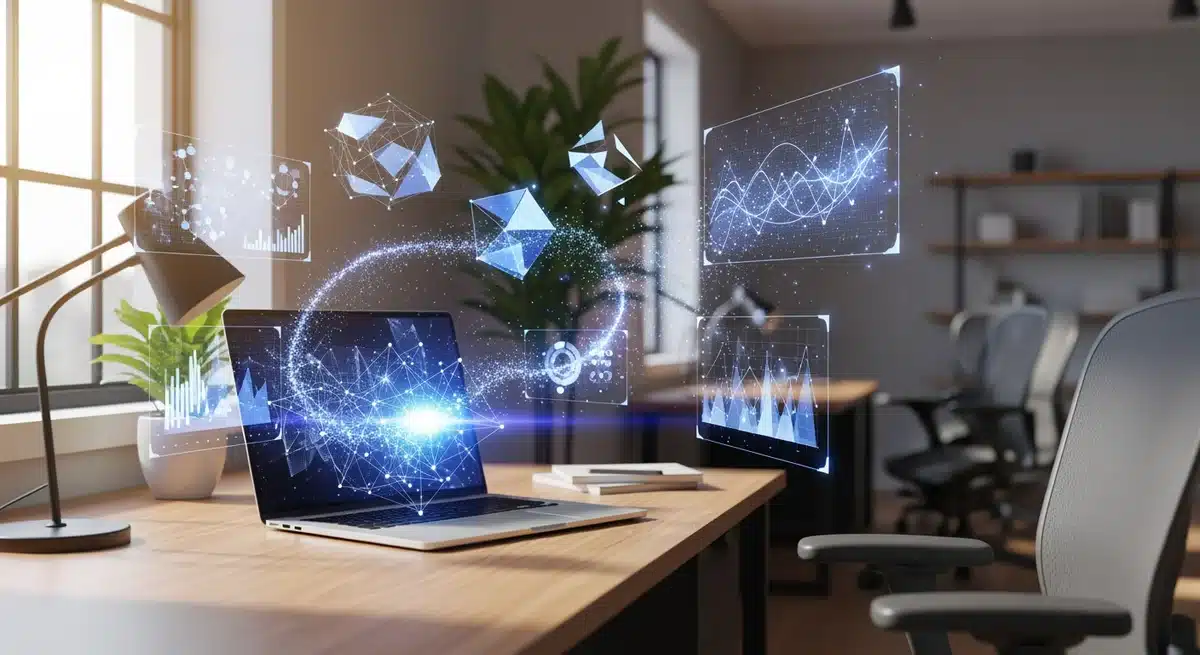 Workspace moderne avec laptop et projections holographiques illustrant Enkirama actualité 2026 IA