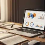 Espace de travail moderne avec ordinateur portable affichant des graphiques d'analyse pour évaluer gospi site infos