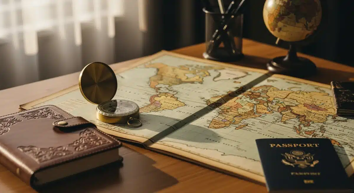 Planification voyage itao avec carte monde ouverte, boussole vintage et journal sur bureau bois