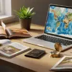 Bureau moderne avec ordinateur portable affichant carte du monde pour recherche LMAC voyage et guides touristiques