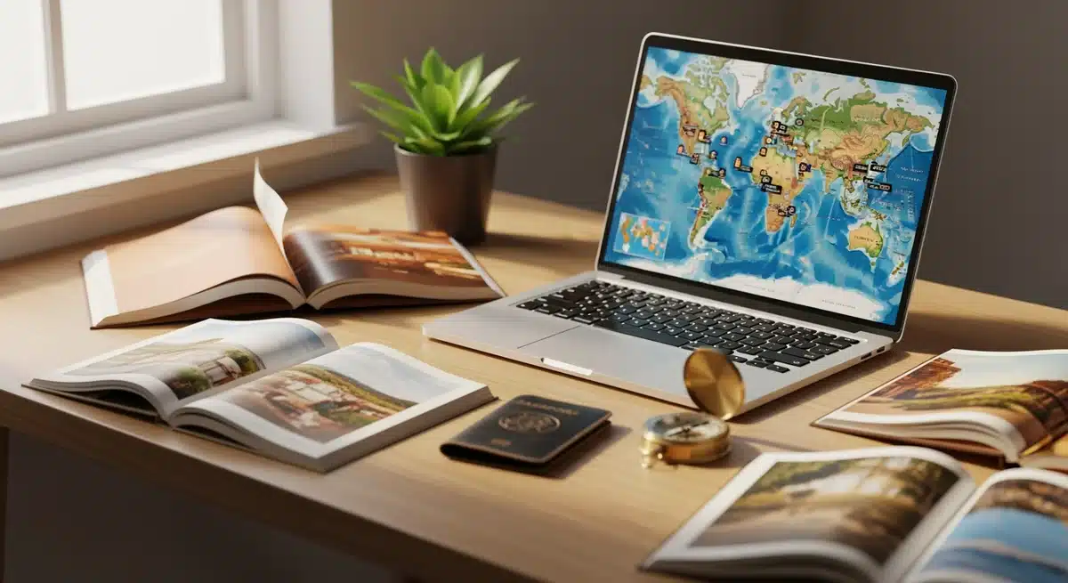 Bureau moderne avec ordinateur portable affichant carte du monde pour recherche LMAC voyage et guides touristiques