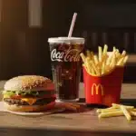 Menu McFirst McDonald's avec burger, frites et boisson sur table en bois dans restaurant chaleureux
