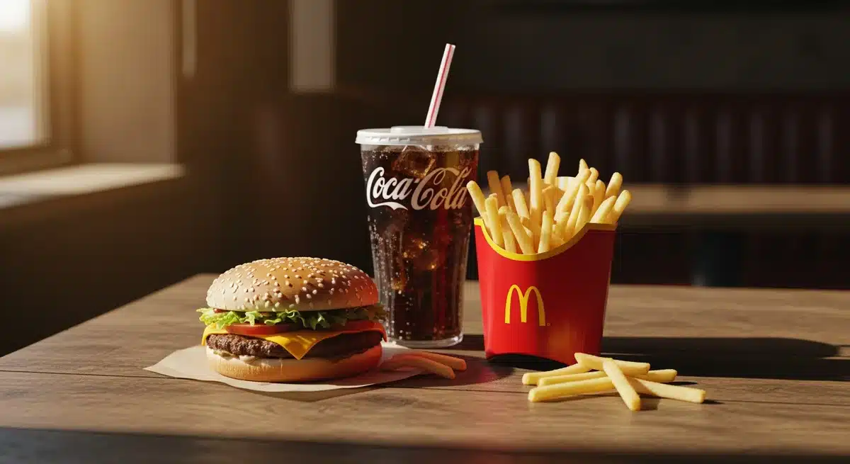 Menu McFirst McDonald's avec burger, frites et boisson sur table en bois dans restaurant chaleureux